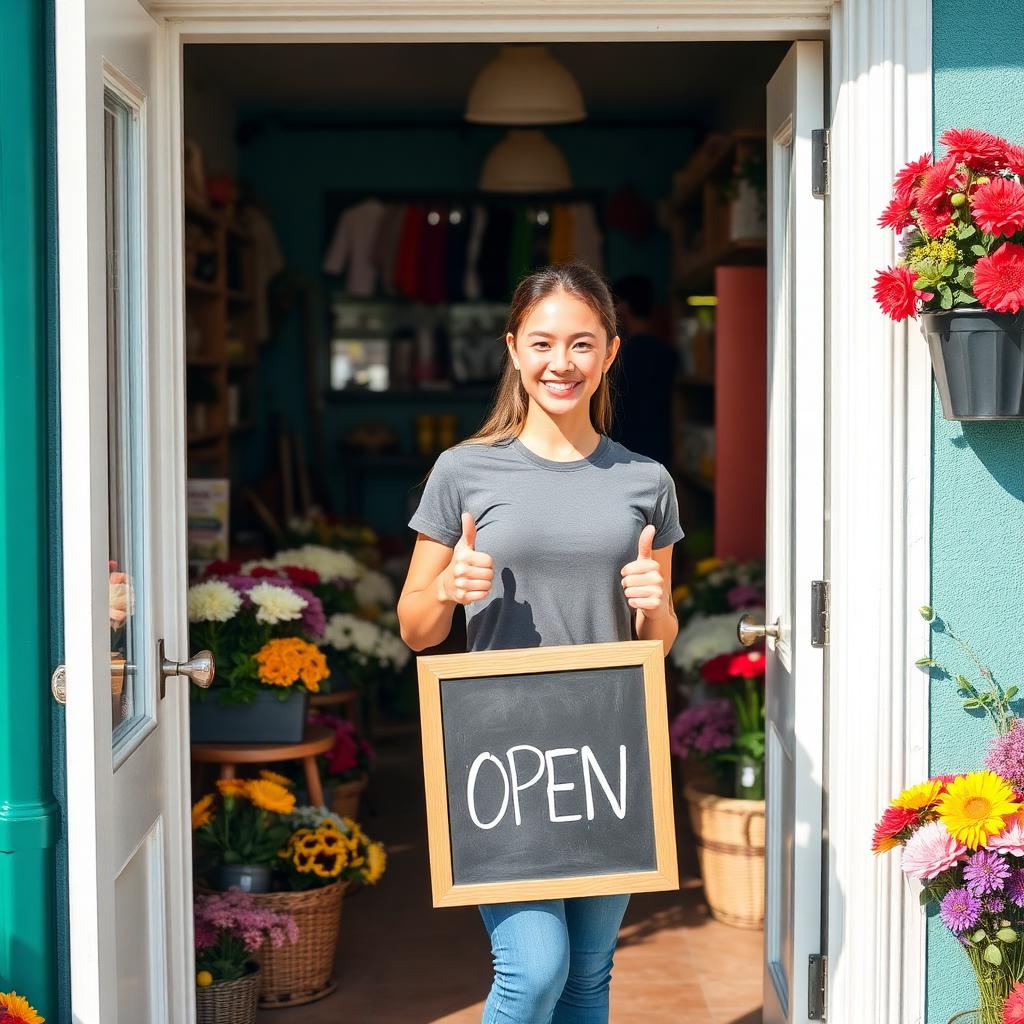 Smiling small business owner holding an OPEN sign